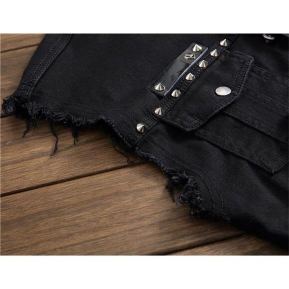 Men's Goth Punk Studded Denim Vest Ripped Distressed Sleeveless Jean Vest Rocker - Picture 6 of 7